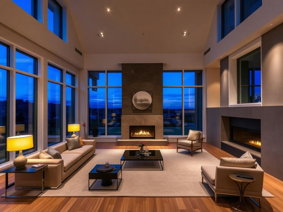 Luxury living room at twilight